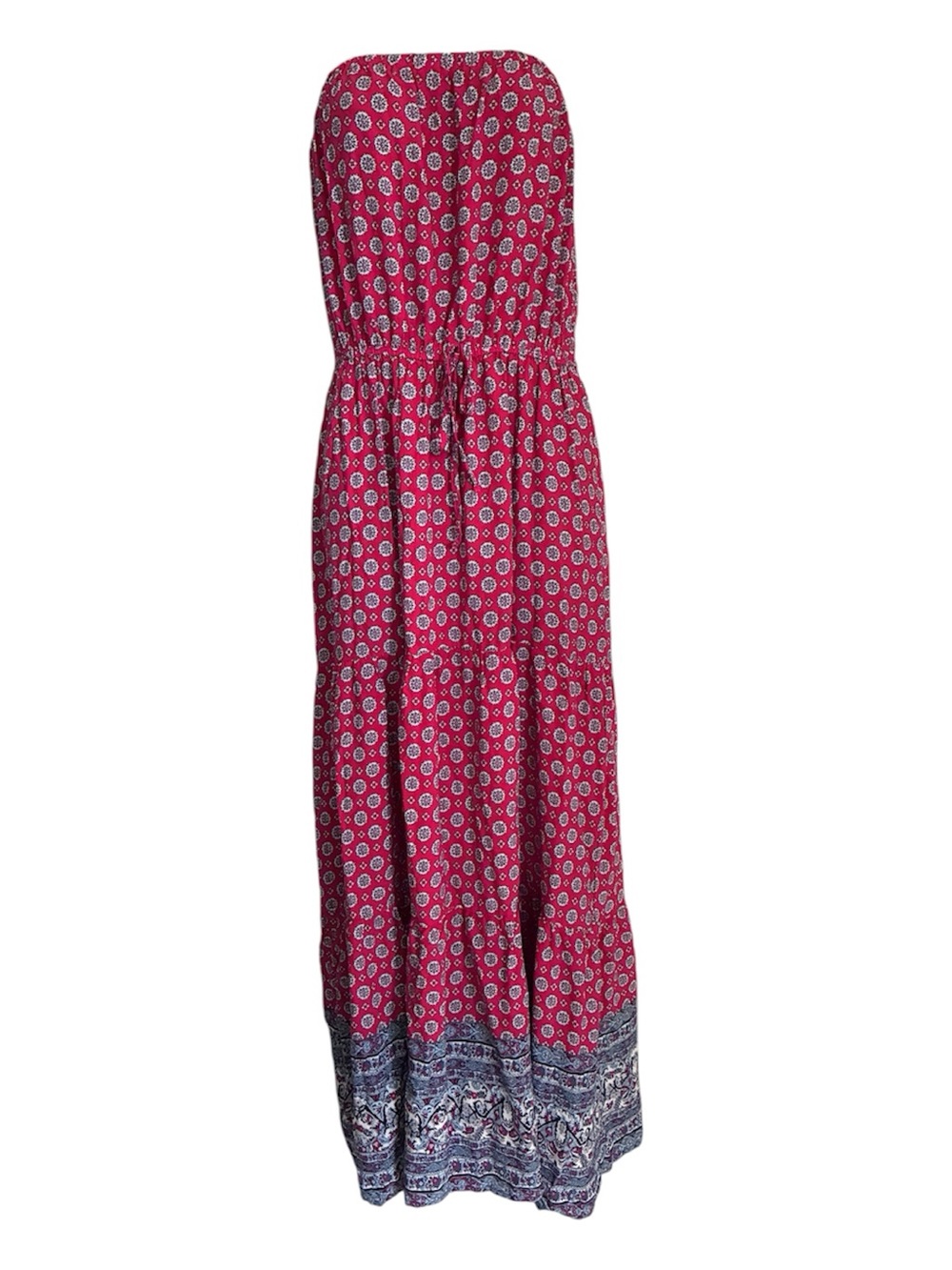 Strapless Americana Western Bandana Red Blue Boho Tiered Beach Maxi Dress Sz M